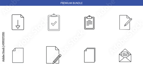 Business document outline icons set with paper sheet clipboard checklist and mail envelope for office management.
