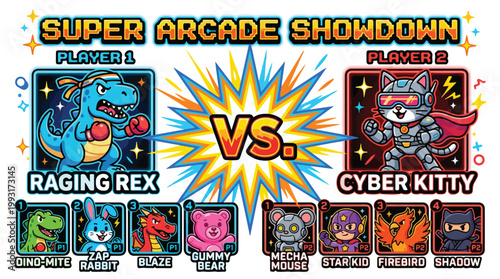 Colorful arcade game characters featuring a fierce dinosaur and a cyber feline in a vibrant gaming showdown scene