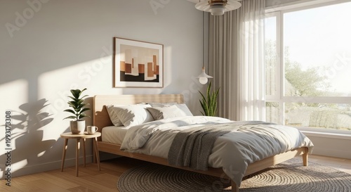 Serene and minimalist bedroom design with natural light featuring a comfortable bed and elegant decor