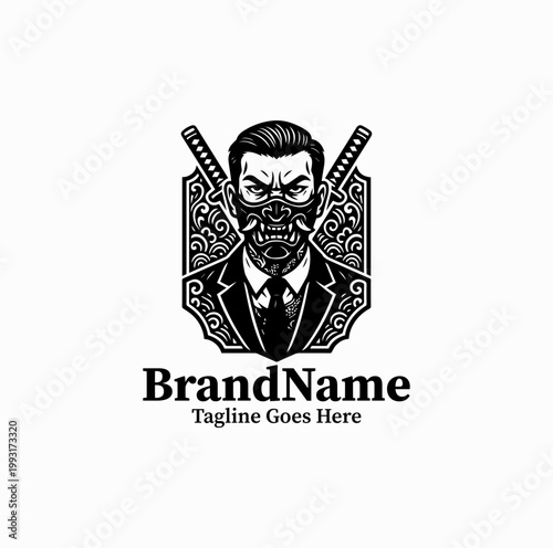 A Japanese gangster style character with mask and tattoo elements is illustrated as a bold emblem logo design monochrome