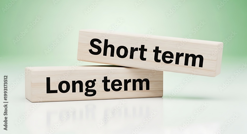Obraz premium Two wooden blocks with short term and long term on them on green background