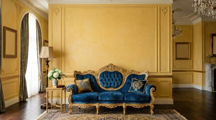 Classic interior with baroque sofa and empty yellow wall, vintage elegance with decorative luxury and copy space, realistic detail, no logos