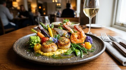 Vegetable dish with seafood in a restaurant, balanced gourmet plate, colorful refined ingredients, realistic food detail, no logos