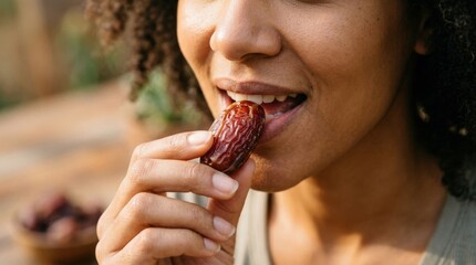 Person enjoying a fresh date close to the mouth, natural healthy snack concept, intimate food close up, rich fruit texture and freshness, warm soft light, realistic detail, no logos