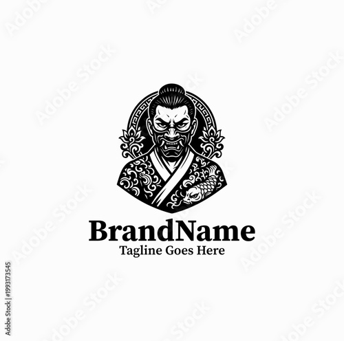 A Japanese gangster style character with mask and tattoo elements is illustrated as a bold emblem logo design monochrome