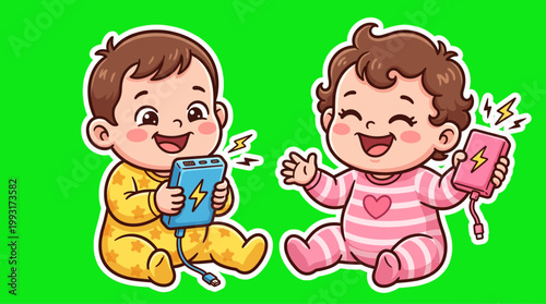 Adorable cartoon babies holding power banks and smiling happily with joy.