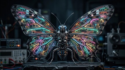 Robotic butterfly with colorful wires and circuits in spread wings, futuristic bio tech concept, intricate mechanical design, dark background, high detail, no logos