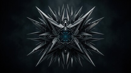 Spiky metallic object with a dark futuristic appearance, bold sci fi abstract concept, dramatic futuristic form with strong symmetry and premium detail, dark studio atmosphere, realistic lighting,