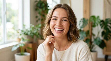 Woman proudly showing healthy bright smile, dental wellness and beauty concept with natural confidence, clean skin tones, and fresh portrait styling, soft light, realistic detail, no logos