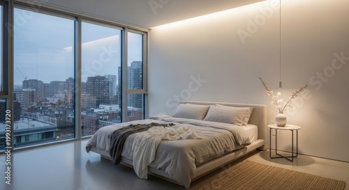 Modern bedroom with panoramic city view a serene retreat with neutral tones and minimalist design elements