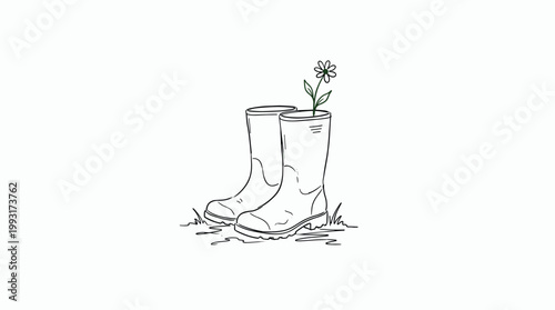 Hand drawn sketch of rubber boots with a flower growing out.