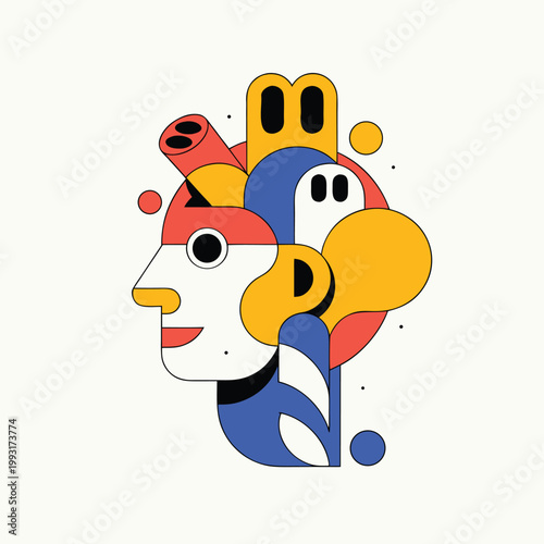 A stylized illustration of a human face overwhelmed by information overload brain concept