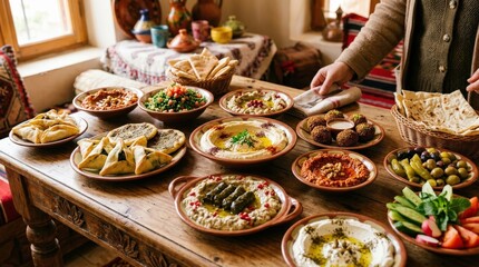 Middle Eastern food spread with hummus pastries and dips, traditional cuisine table, appetizing mezze assortment, rich textures and flavors, warm hospitality setting, natural food light, no logos