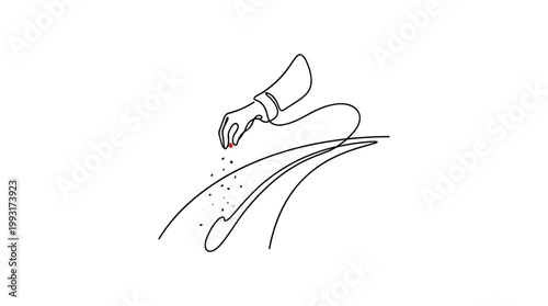 Hand sprinkling seeds in a continuous line art style.