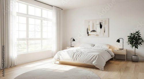 Serene minimalist bedroom with natural light white bedding and neutral tones creates a peaceful retreat