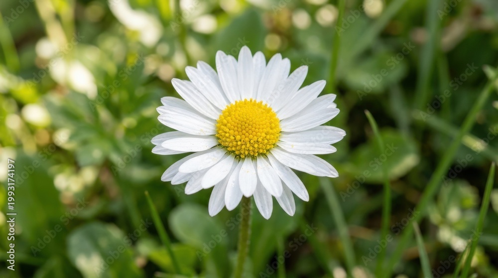 Fototapeta premium Daisy flower blossom close up, close-up of a fresh daisy flower in bloom, delicate white petals and bright yellow center, botanical beauty concept, natural garden detail, clean floral composition,