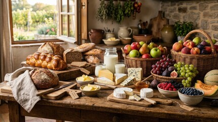 Abundant harvest of bread dairy fruit and cheese, rustic farm food assortment, fresh market abundance, wholesome ingredients on table, rich texture, warm natural lighting, no logos