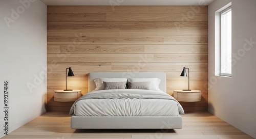 Serene bedroom interior with wooden accents and minimalist design featuring neutral tones and warm lighting