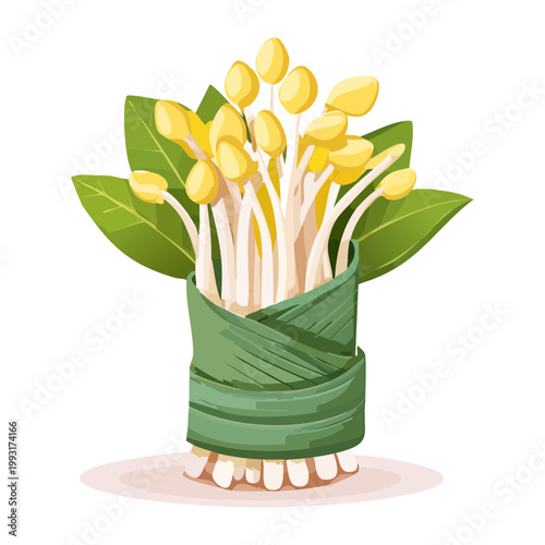 Bundle of Fresh Bean Sprouts Wrapped in Green Leaves for Traditional Healthy Asian Cooking Ingredient Use - Vector Illustration