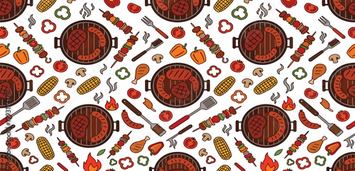 Seamless Barbecue Pattern Featuring Grilled Steaks Sausages Vegetable Skewers Corn on the Cob BBQ Tools and Summer Grilling Elements for Textile and Wallpaper Design