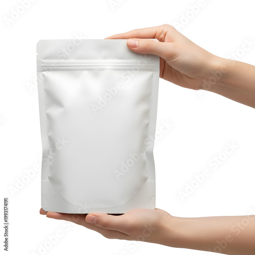 Hands holding a white pouch with a zip lock closure for packaging.