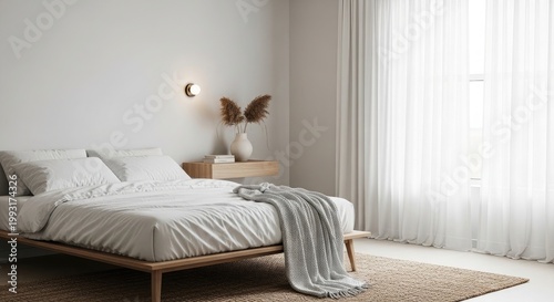 Serene minimalist bedroom with natural light and earthy tones creates a calm and inviting retreat for relaxation and restful sleep