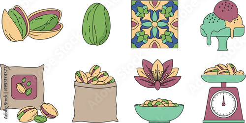 Mediterranean Antipasti and Tapas Vector Icon Set Featuring Dolmas, Bresaola, Artichoke Hearts, Caper Jar, Feta Cheese, and Skewered Olives