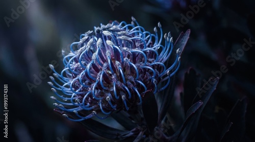 Blue pincushion protea flower in macro on a dark moody background, exotic botanical close up with intricate texture and dramatic floral detail, soft directional light, no logos