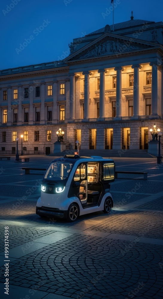 Fototapeta premium Electric Autonomous Vehicle Parked in Front of Historic Building.