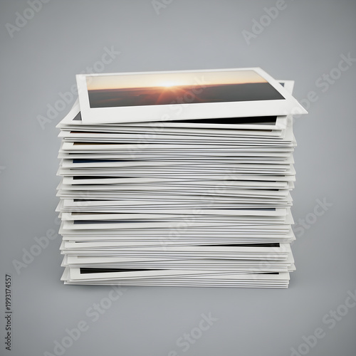 A towering stack of newspapers with a sunset on the top page