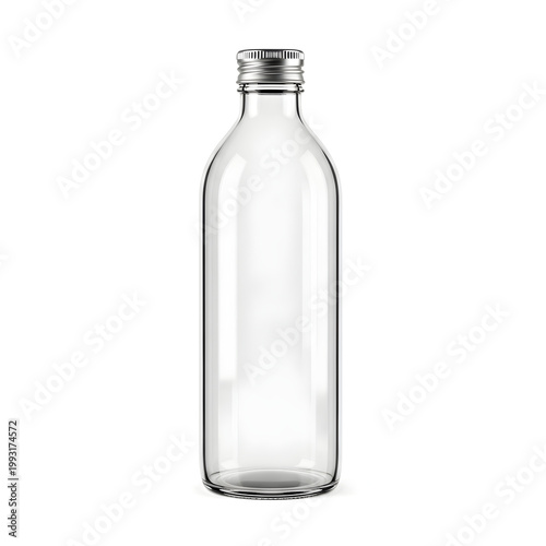 A clear, empty glass bottle with a silver cap standing upright against a white background.