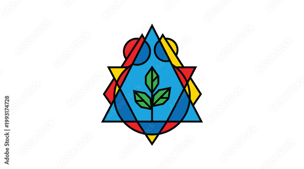 Obraz premium Abstract geometric design with plant leaves in the center colorful and vibrant.