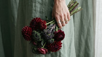 Woman's hand with rings tightly holding a bouquet of red flowers and purple broccoli against a soft green backdrop, high-fashion organic still life, moody stylized composition, no logos