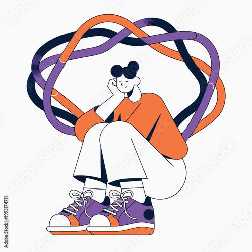 A person sits with tangled thoughts in their overthinking mind.