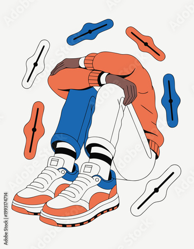 A person experiencing procrastination delay sits among scattered clock illustrations