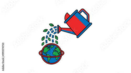 Watering can nurturing a small Earth globe with green leaves.