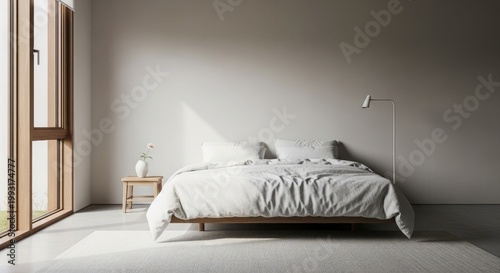 Minimalist bedroom interior with natural light and neutral tones creating a serene and relaxing atmosphere for rest and rejuvenation