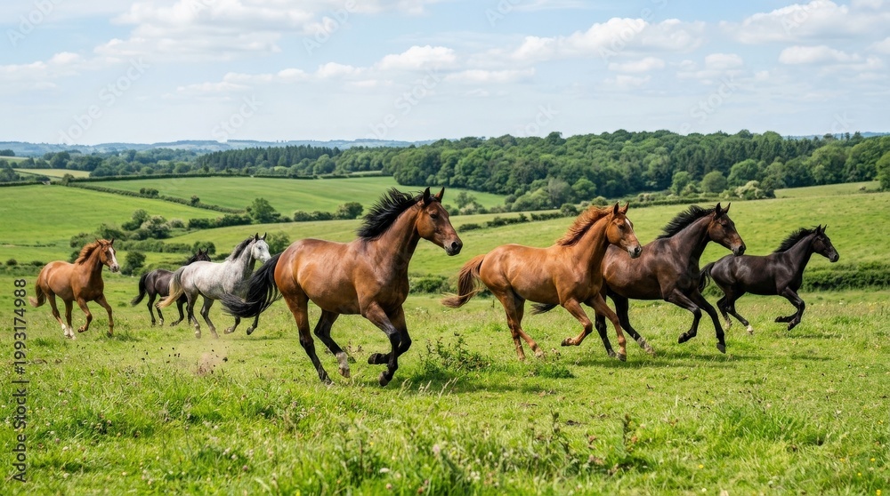 Obraz premium Horses running across green meadow, horses running across a green meadow, freedom and nature concept, dynamic movement, open countryside scenery, flowing manes, fresh grass, bright daylight, realistic