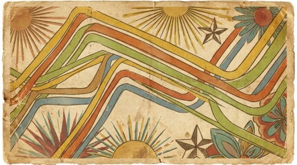 Retro lines on vintage textured background, colorful nostalgic design elements, classic graphic style, warm aged paper feel, no logos