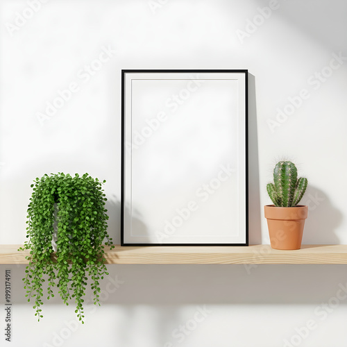 Minimalist interior design with a framed picture and potted plants on a shelf