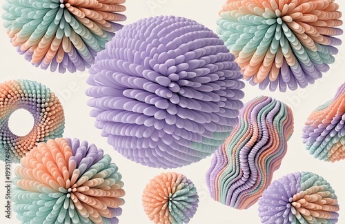 Vibrant 3 d puffy squishy abstract shapes in purple, teal, and orange