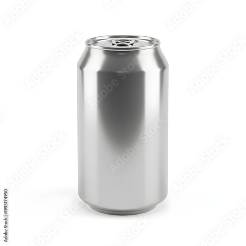 A shiny, empty aluminum soda can with a pull tab top on a white background.