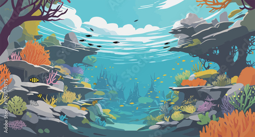 Underwater Coral Reef Scene with Fish and Rocks