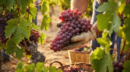 Hand holding a fresh cluster of red grapes in a vineyard, harvest close up with ripe fruit and natural farming context, warm sunlight, realistic agricultural detail, no logos