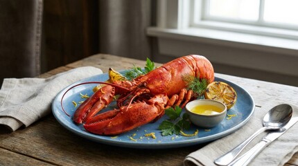 Steamed lobster with lemon wedges and fresh herbs on a blue plate, gourmet seafood entree, vibrant citrus garnish, elegant meal presentation, natural textures, soft light, no logos