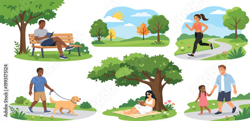 Set of flat vector illustrations depicting people enjoying outdoor activities in the park including walking the dog, jogging, reading, and spending family time together.