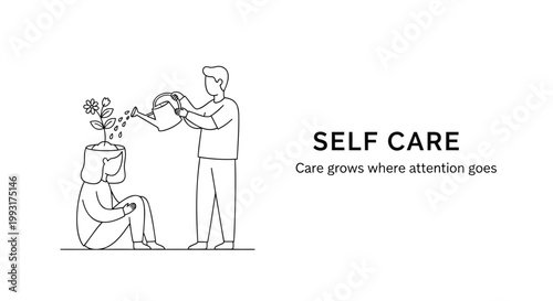 Self care, mindfulness, wellness, line art, vector illustration, mental health