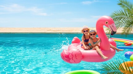 Pink flamingo inflatable with children on turquoise blue background, summer travel and pool fun concept with copy space, bright playful composition, realistic detail, no logos