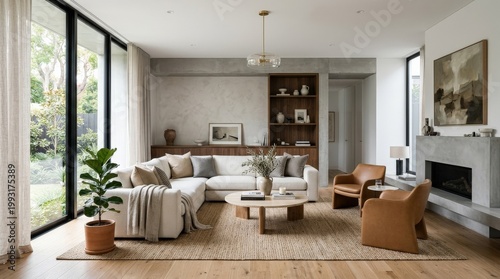 Modern interior living room design, stylish residential space for real estate, home decor and architecture marketing, interior concept, clean architecture, elegant decor, spacious composition, natural