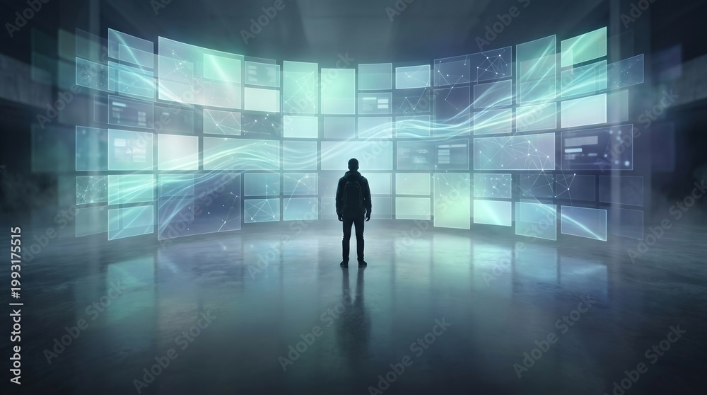 Fototapeta premium Lone figure in immersive screen chamber with glowing digital walls